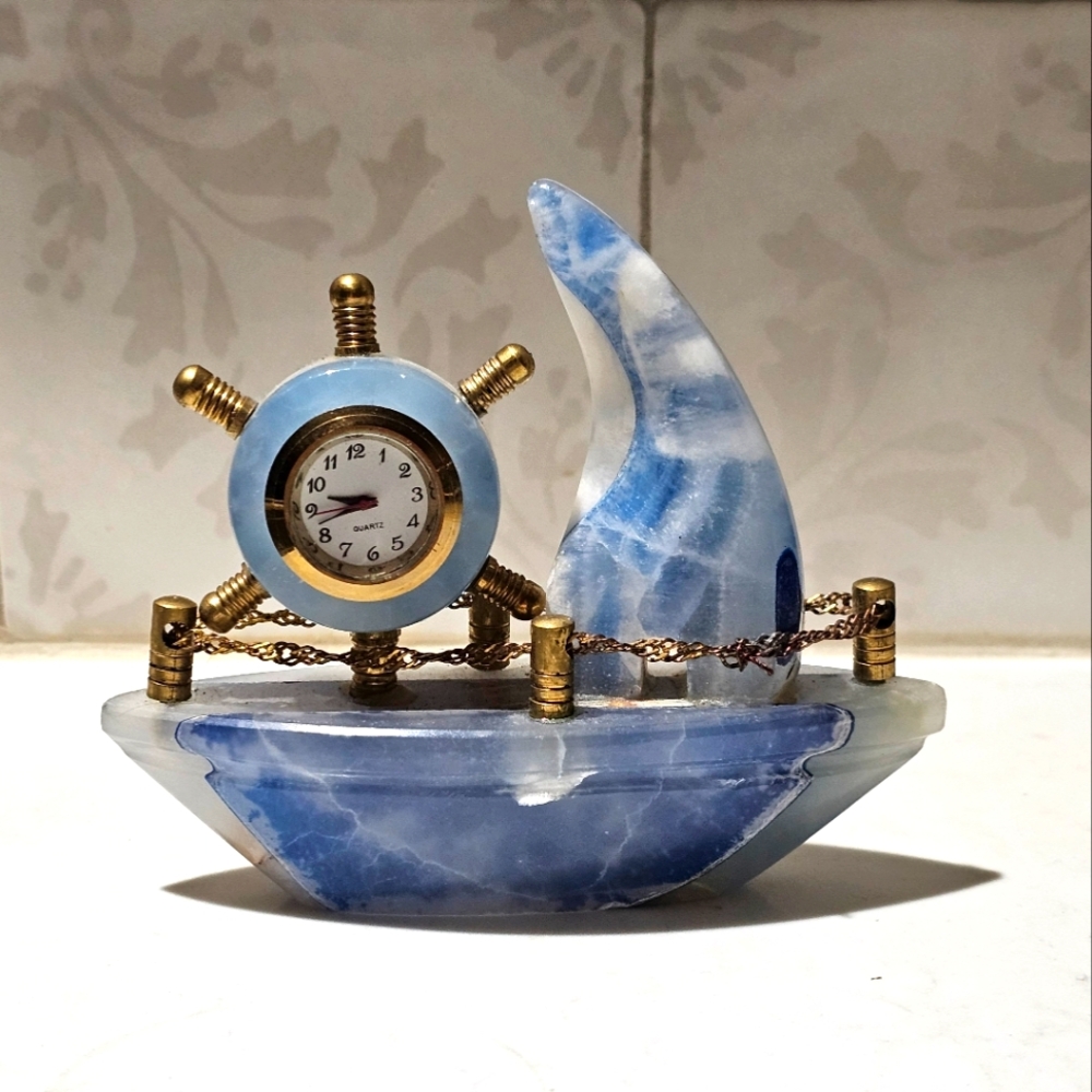 Natural Blue Onyx Nautical Desk Clock Carving